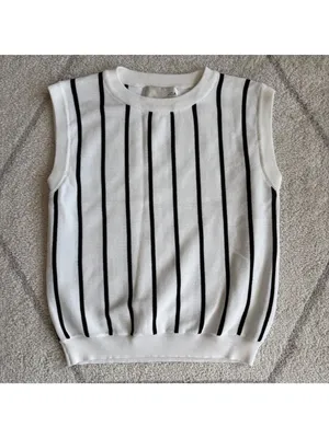 J.O.A. Los Angeles Black White Stripe Sleeveless Minimalist Knit Sweater thumbnail 2