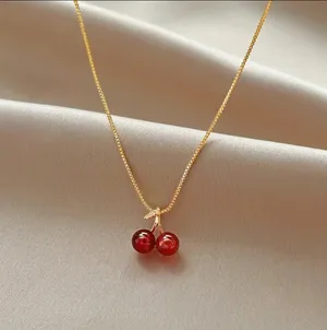 NEW red cherries gold necklace, cherry aesthetic cherry jewelry Stocking Stuffer thumbnail 2