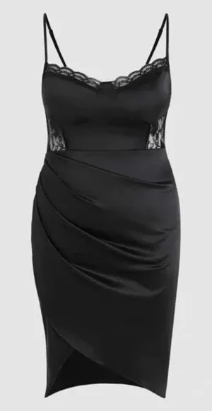 NWT! Cider Black Satin Lace Insert Ruch Front Sexy Slip Dress Size 2XL thumbnail 1