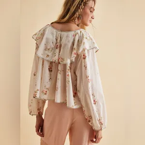 Free People Camilla Printed Blouse NWT Ivory strawberry boho Large thumbnail 2