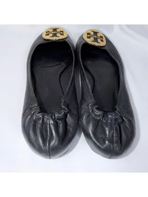 Tory Burch Reva Ballet Flats Women’s Size 7.5 Black Leather Gold Logo thumbnail 3