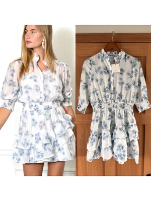 NWT The Shirt Rochelle Behrens Tiered Mini Dress White Blue Floral Women’s Small thumbnail 2