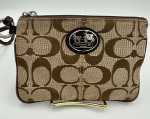 Coach Signature Jacquard Wristlet Khaki Brown Canvas Leather Trim Logo Plaque thumbnail 1