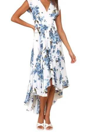 Lulus French Countryside White Floral Print High-low Dress White & Bl thumbnail 1