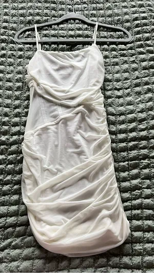 White Ruched Spaghetti Strap Mini Dress thumbnail 1