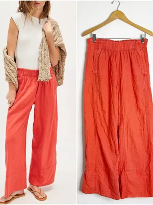 Free People Day’s End Linen Pull-On Pants XS Dark Salmon Wide Leg thumbnail 2