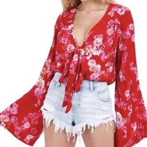 NWT Free People Intimately Forties Feels Floral Tie Front Lace Bodysuit Size Med thumbnail 1