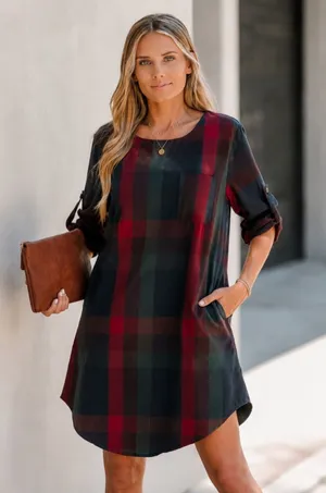 NWT Cupshe Plaid Dress Roll Tab Sleeves w/ Pockets Medium‎ Autumn Casual Holiday thumbnail 1