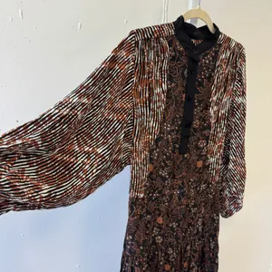 Warm NY Mixed Print Silk Viscose Midi Dress Brown Floral Stripe Size 0 Boho Fall thumbnail 6