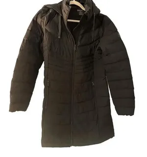 DKNY Hooded Down Puffer Coat Size Medium Black Long Warm Full Zip thumbnail 1