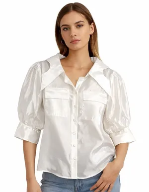 Gracia Satin Button Down Blouse Women Medium White Chic Puff Sleeve Collared Top thumbnail 1