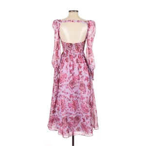Badgley Mischka Floral‎ Chiffon Midi Dress Lavender Pink V-Neck Sz 2 Long Sleeve thumbnail 2