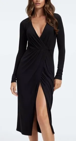 Good American Black Long sleeve Stretchy Mild Wrap Dress(Size 2/Medium) thumbnail 1