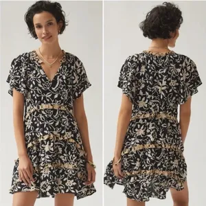 Anthropologie Black Floral Mini Dress with Beige Trim thumbnail 2