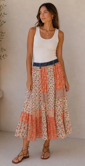Patchwork Floral Gingham Maxi Skirt Sz XS Festival Country Boho Cottagecore thumbnail 1