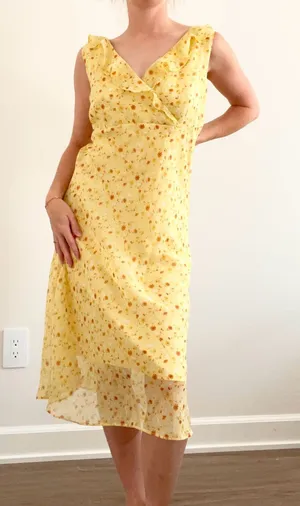 Vintage Yellow Floral Ruffle V-Neck Midi Dress thumbnail 1