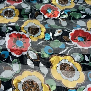 Vintage Space Age Scarf Black Floral Flower Print 20" Square Polyester Womens thumbnail 2