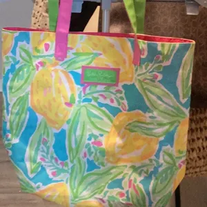 Lilly Pulitzer Tote Bag Womens Pink Green Print Large Beach satin pink inside thumbnail 1