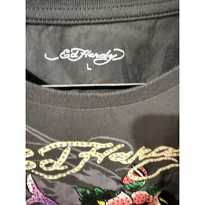 Ed Hardy‎ Rose Heart Rhinestone Charcoal Crop T-Shirt Retro Y2K NWT R thumbnail 2