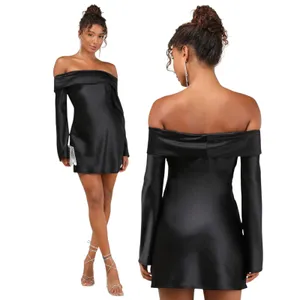 Lulus Luxurious Vision Black Satin Off-the-Shoulder Mini Dress size XL NWT thumbnail 2