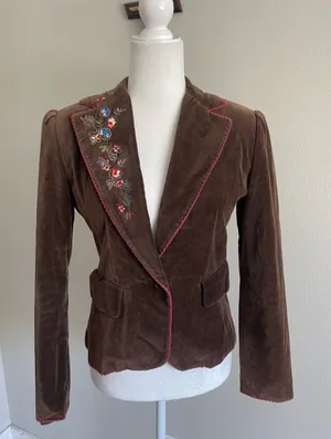Moda International Brown Velvet Blazer with Floral Embroidery thumbnail 1