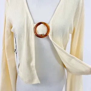 Callahan New Open Front Ring Bell Sleeve Ribbed Vera Top Creme thumbnail 8