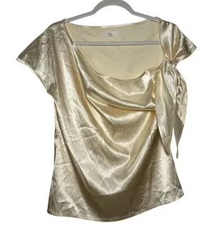 VIDUSSA Womens Cream Satin‎ Cowl Neck Knot Detail Short Sleeve Top Size S thumbnail 1