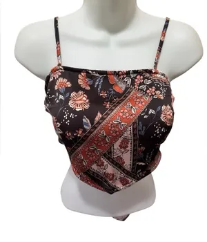 70’s Retro Inspired Silky Halter Top Floral Print Black Rose Gold Size S~M thumbnail 1