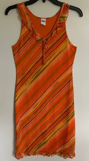 Gidani USA‎ Orange Striped Mesh Overlay Ruffle Dress Sleeveless Y2K Size Medium thumbnail 1