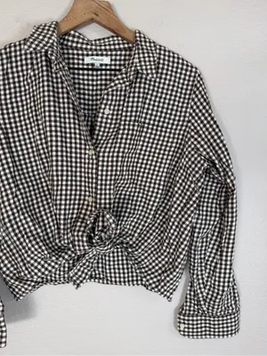 Madewell Gingham Flannel Tie Front Shirt Brown Gingham Check size Large $80 thumbnail 7