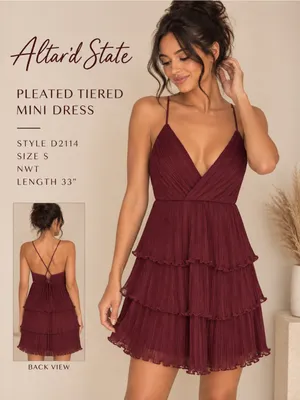 NWT Altar’d State Burgundy Pleated Tiered Mini Dress Size S thumbnail 2