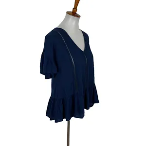 Hem And Thread Top Small‎ Blue Ruffle Sleeve Textured Boho Lightweight Blouse thumbnail 3