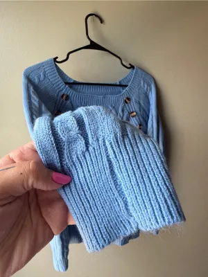 Cable Knit Sweater Blue Women’s Medium Button Shoulder Cozy Knit thumbnail 3