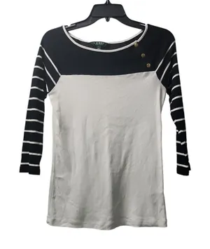 Lauren Ralph Lauren Striped 3/4 Sleeve Top‎ Boat Neck Gold Buttons S thumbnail 1