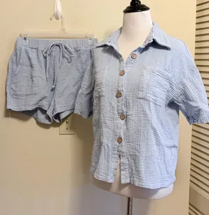 Shein medium Women's Light Blue Gauze Short-Sleeve Top & Shorts Set thumbnail 1