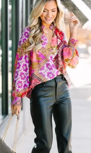 Entro Talk About It Pink Mixed Print Blouse thumbnail 1