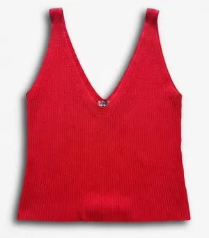Brandy Melville Red Ribbed Knit Deep V-Neck Tank Top Sleeveless Vest One Size thumbnail 1