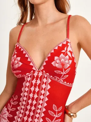 Passion Red & White Print Spaghetti Strap Slit Maxi Dress thumbnail 2