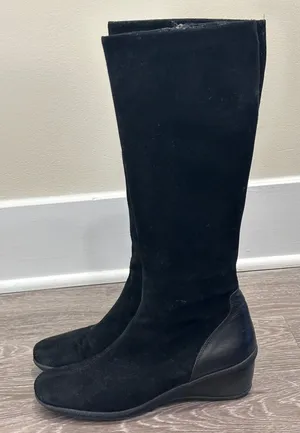 Aquatalia by Marvin K Minnow Black Suede Tall Riding Wedge Boots Square Toe 10 thumbnail 1