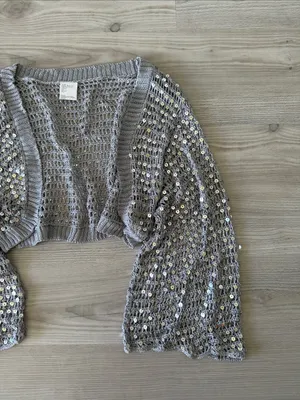 Y2K Silver Sequin Open Knit Crochet Bolero Shrug Crop Cardigan Bell Sleeve thumbnail 2
