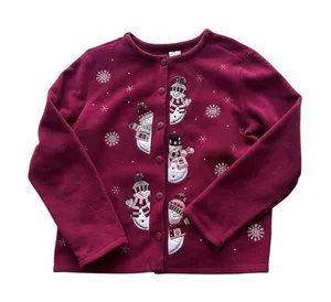 Vintage‎ Snowman Christmas Button Up Fleece Cardigan Burgundy Size Large thumbnail 1