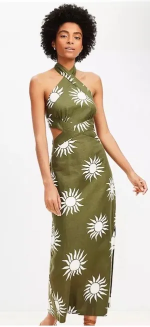 Loft Beach Green Linen Sun Print Cut Out Tie Back Halter Long Dress Size 10 thumbnail 1