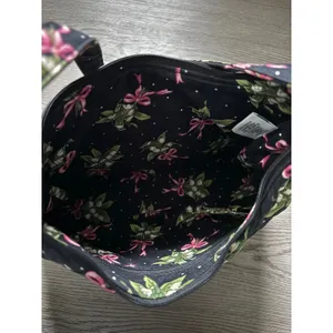 Vera Bradley Lily Bell Quilted Cotton Shoulder Bag Black Floral Pink Bows Hobo thumbnail 4