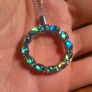 Green Color Simulated Opal Resin Stainless Steel Pendant Necklace thumbnail 3