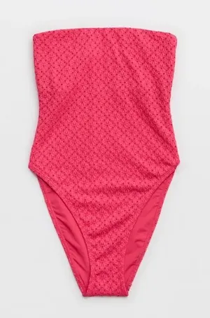 Andie hot pink Kauai one piece swimsuit eyelet textured cheeky strapless‎ large thumbnail 1
