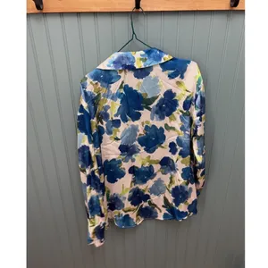 Zara Blue Green Watercolor Floral Satin Button Down Blouse Womens Small‎ S thumbnail 3