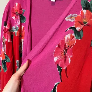 Chico's Floral Colorblock Open Front Cardigan Pink Red Longline Sweater XL‎ thumbnail 8