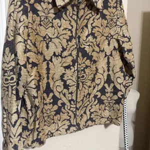 Indigo Moon Blazer Jacket Womens Medium Tapestry full zip Tan Navy Artsy thumbnail 2
