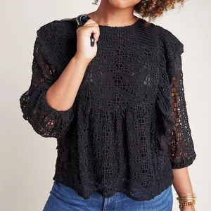 Anthropologie Clementine Eyelet Lace Blouse Black Ruffle Puff Sleeve Size 6 thumbnail 1