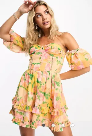 ASOS NWT Miss Selfridge chiffon corset detail puff sleeve mini dress in patchwork floral thumbnail 1